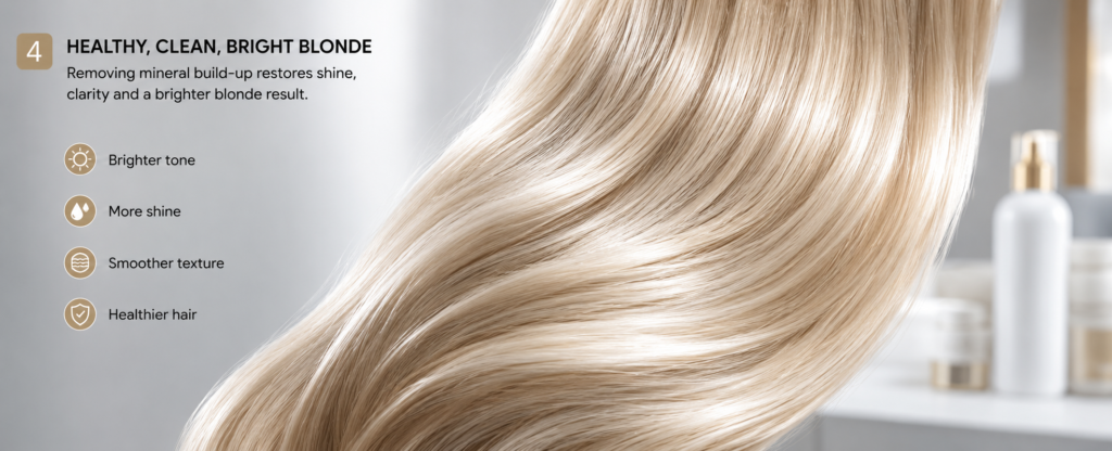 Why Does Blonde Hair Turn Orange? Hard Water, Copper, Iron and Mineral Build-Up Explained healthy blonde hair after mineral removal