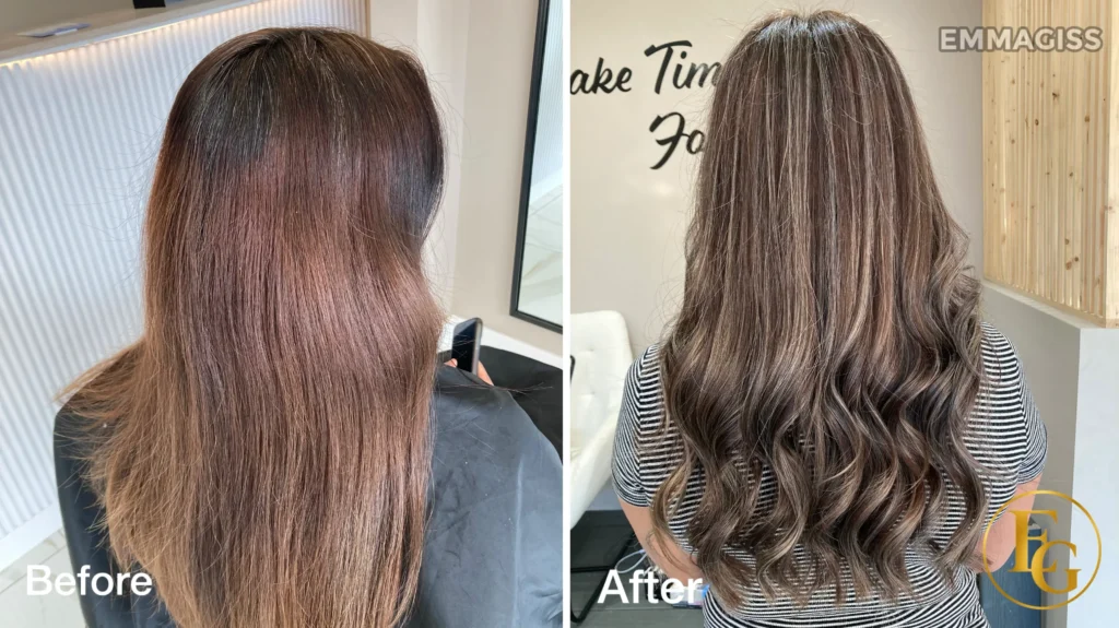 Before and after beige blonde highlights with a soft, seamless blend by EmmaGiss Hair Colour Specialist in Edgbaston, Birmingham.