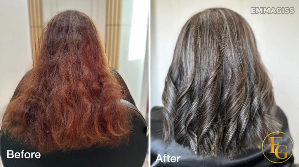 Before and after fine highlights creating a cool-toned, natural blonde blend by EmmaGiss Hair Colour Specialist in Edgbaston, Birmingham.
