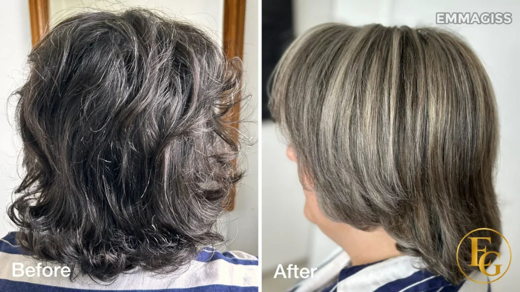 Before and after short hair highlights with a soft, natural blonde blend by Emma Giss Hair Colour Specialist in Edgbaston, Birmingham.