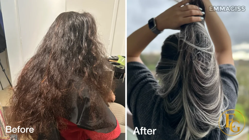 Before and after silver blonde highlights with a cool-toned blend by Emma Giss Hair Colour Specialist in Edgbaston.
