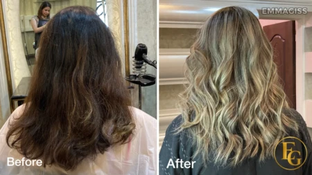 Before and after natural babylights creating a soft blonde blend by EmmaGiss Hair Colour Specialist in Edgbaston, Birmingham.