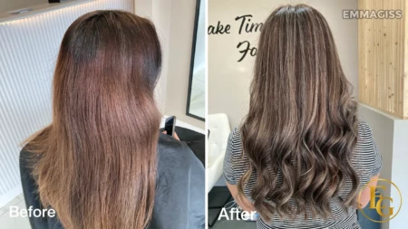 Before and after beige blonde highlights with a soft, seamless blend by EmmaGiss Hair Colour Specialist in Edgbaston, Birmingham.