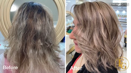 Before and after brassy blonde colour correction with a soft beige blonde finish in Birmingham.