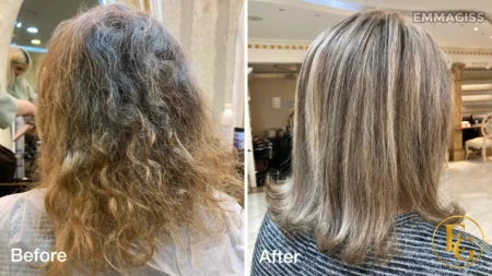 Before and after dimensional blonde highlights with soft ribbons of blonde for a brighter, multi-tonal finish by Emma Giss in Edgbaston, Birmingham.
