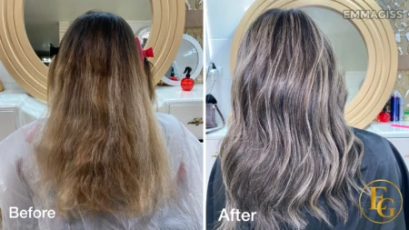 Before and after ash blonde colour correction transforming warm uneven tones into a cool dimensional blonde in Birmingham.