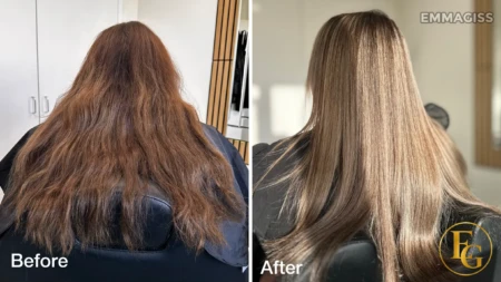 Before and after full head blonde highlights with a seamless, natural blend by EmmaGiss Hair Colour Specialist in Edgbaston, Birmingham.