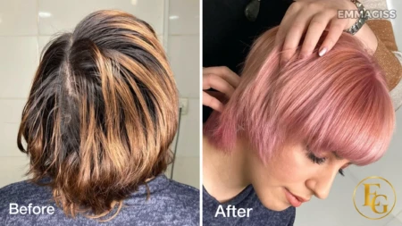 Before and after short hair colour correction transforming uneven blonde highlights into a soft rose pink finish in Birmingham.